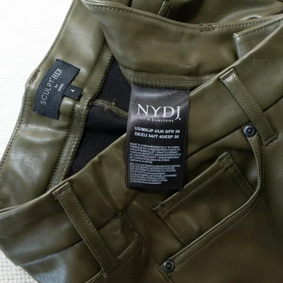 NYDJ Sculpt-Her Olive Faux Leather Straight Leg Pants Lift Tuck Women Size 4